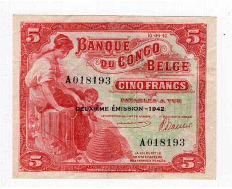 1942 Belgian Congo 5 francs banknote with TWEEDE UITGIFTE - 1942. / DEUXIÈME ÉMISSION - 1942. overprints