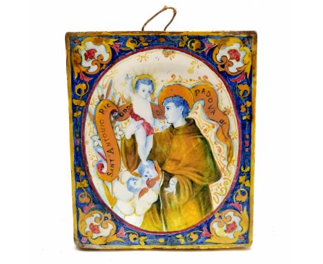 Antique Maiolica tin glazed religious plaque depicting St Anthony with Christ with banner "Sant' Antonio Ricordo Di Padova" i