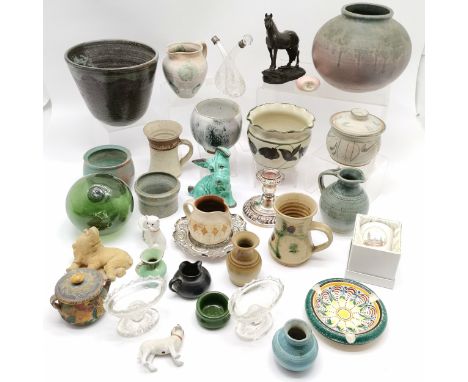 Quantity studio pottery largest Upchurch vase 18cm high T/W a green Scottie dog, crested ware dog etc.