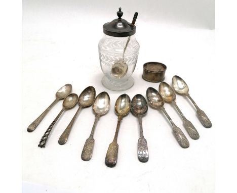 Qty of antique silver hallmarked spoons, napkin ring &amp; jam pot with etched glass body &amp; silver lid (14cm high) + spoo