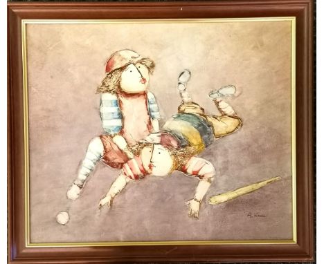 A Vitelli oil on canvas painting of 2 children playing baseball - frame 59.5cm x 70cm