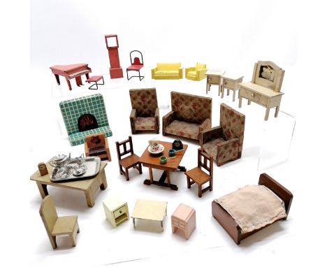 Qty of vintage dolls house furniture inc pink piano + stool + chair clock, yellow metal Deco sofa + chair, fireplace, tray wi