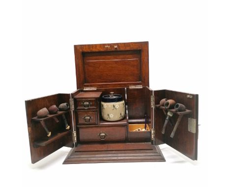 Antique oak table top smokers cabinet with contents inc pipes, Doulton tobacco jar etc - 30cm high x 36cm x 24cm deep ~ crack