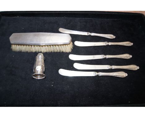 Silver mounted engine turned Brush by Asprey, Silver Mappin &amp; Webb Pepper Pot and 5 Silver Handled Butter Knives