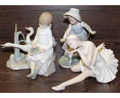 LLADRO FIGURE GROUP OF THREE GEESE 
together with a Lladro figure of a ballerina and two Nao figures of children