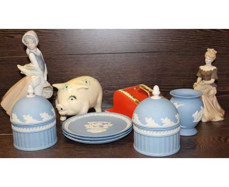 SELECTION OF CERAMIC
including Wedgwood Jasperware, including a pair of lidded pin dishes, Lladro figure, coalport figure, pi