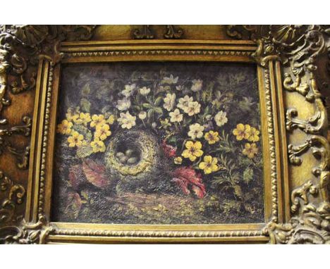 OVER PAINTED PRINT OF " DUCKS NEST "
in a decorative gilt frame