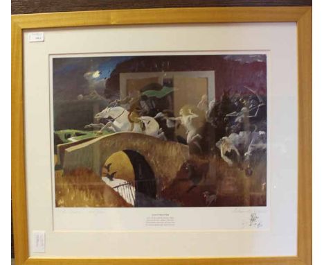 CARVED MAHOGANY HALL MIRROR AND A GROUP OF PAINTINGS
including a signed Alexander Goudie print of Tam'O Shanter, blue woodblo