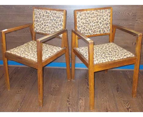 PAIR OF MODERN DANISH STYLE ARMCHAIRS
with square linear design, with leopard print upholstery, each 86cm high
Note: Good to 