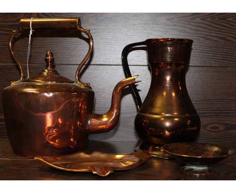 GOOD LOT OF COPPER AND LUSTREWARE
including an early nineteenth-century copper kettle, a Victorian lustreware jug, a beaten c