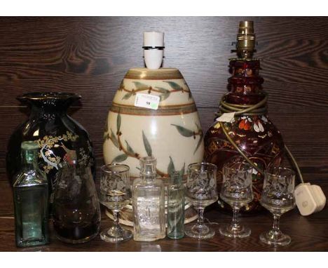 CRANBERRY GLASS LAMP
together with a decorative pottery lamp, ceramic vase, caithness vase and other glassware