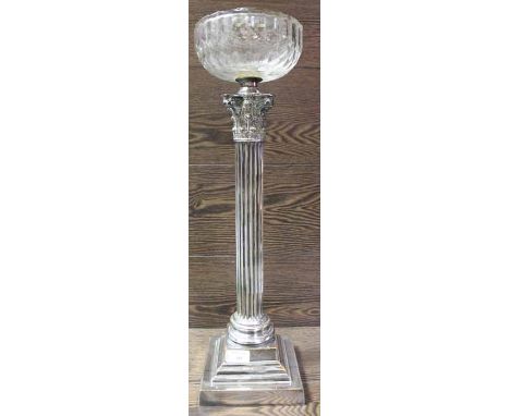 LARGE SILVER PLATED OIL LAMP BASE
in the form of a Corinthian column on a plinth base, a cut glass oil lamp bowl fitted above