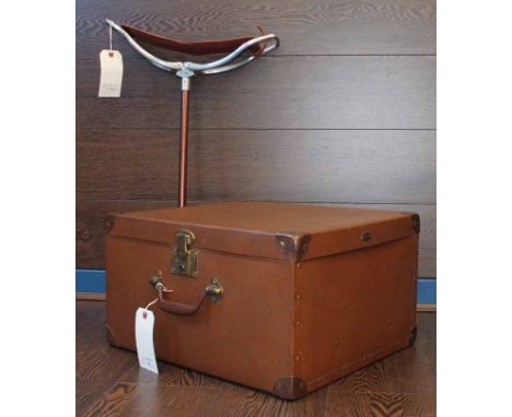 VINTAGE CARRY CASE
of square form with brass corners and plastic handles; together with a folding shooting stick-seat, case 5