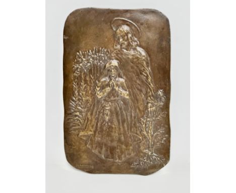 Francois-Rupert Carabin. A signed Early 20th Century bronze religious wall plaque. Dated 1916. For the communion of Simonne R