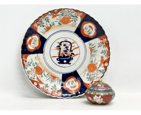 Imari and Cloisonné. A large Late 19th Century Japanese Imari charger, Meiji Period. With a vintage cloisonné jar. 31cm. 10x8