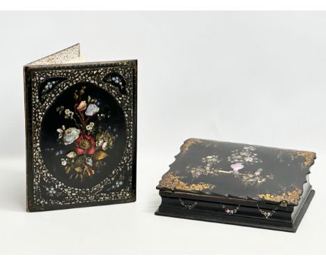 Two 19th Century Victorian hand painted lacquer ware with mother of pearl inlay. A large blotter and a writing slope. Blotter