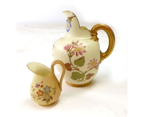 A Royal Worcester jug, the cream ground decorated with flowering shrubs, pdcm 1888, h. 13 cm, together with a miniature jug b