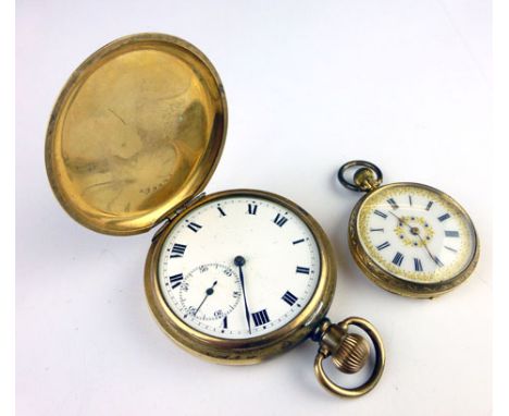 A gold plated full hunter pocket watch by Dennison, the white enamelled dial with black Roman numerals and second hand sectio