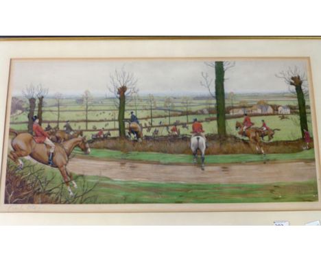 Cecil Aldin (1870-1935), 
a study of huntsmen and hounds running away across field,
signed in pencil to mount,
coloured print