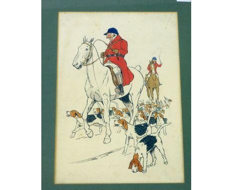 20th century School,
a study of huntsman and hounds,
watercolour and ink,
in the manner of Cecil Aldin,
37 x 26 cm,
together 