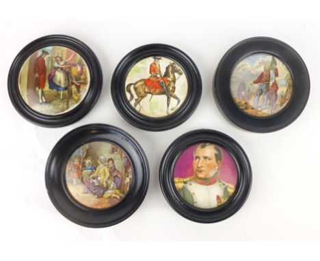 A 19th century Prattware pot lid decorated with a head and shoulders portrait of Napoleon, d. 9 cm, together with four other 