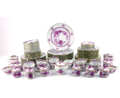 A modern Hungarian dinner and tea service by Herend decorated in raspberry with a Chinese Bouquet pattern (92) CONDITION REPO