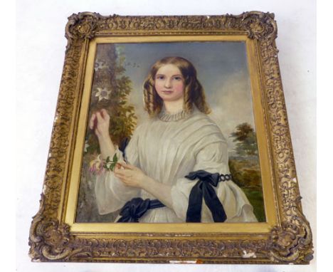19th century School,
a portrait of a young lady picking flowers beside a clematis,
oil on board,
75 x 62 cm CONDITION REPORT: