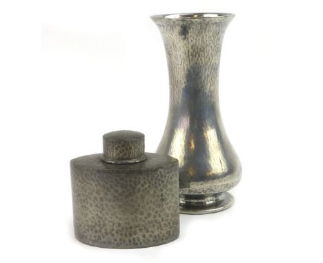 An English pewter squat flask by Liberty & Co., together with an English pewter vase of trumpeted form by Liberty & Co.