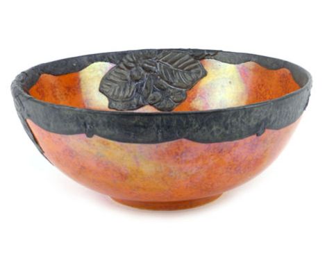 A Carltonware fruit bowl, the orange ground mounted with a metal wares rim and flowering shrubs, d. 23.5 cm CONDITION REPORT: