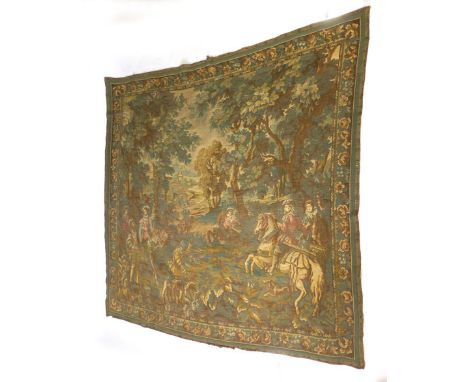 A large hand woven wall hanging tapestry depicting a 16th century hunting scene enclosed in a foliate border, 208 cm x 209 cm