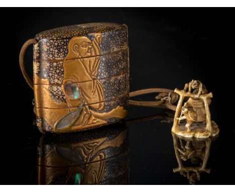  Lot composed of an Inro, an ojime and a netsuke  Japan, 19th century . Cm 7,00. 