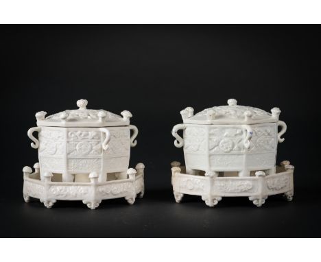  A pair of Dehua "Marco Polo" porcelain octagonal censers, covers and stands China, Qing dynasty, Kangxi period, 17th century