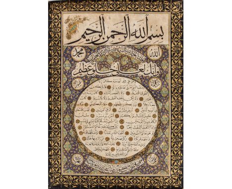  An illuminated Hilye on vellum signed by Haj Seyed Hasan Reza   Ottoman Turkey, dated 1329 (1911 AD) . Arabic manuscript on 