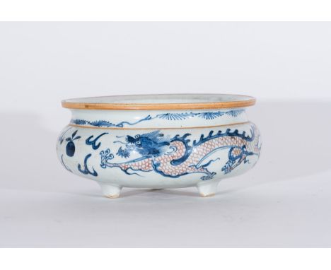  A porcelain tripod censer painted with dragons chasing the flaming pearl and bearing a square happiness mark at the base Chi