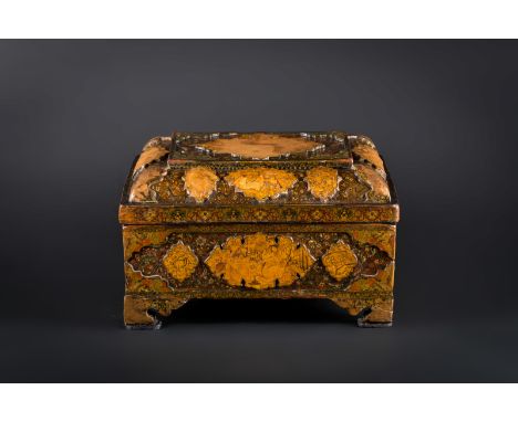  A papier machÃ© box and cover  Iran, 18th century  Ink and natural pigments highlighted with gold. Exquisite rectangular box