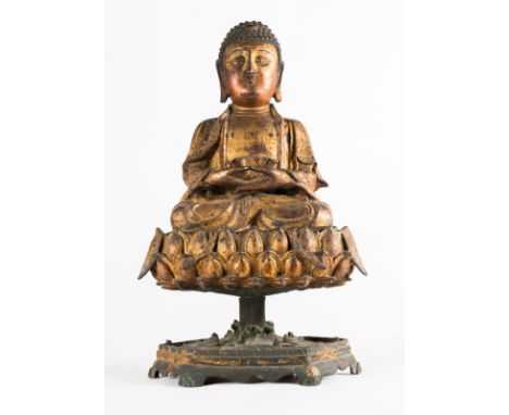  A rare, massive, gilt lacquered bronze statue of the symbolic tantric Buddha Amitabha  China, late Ming dynasty, 16th - 17th