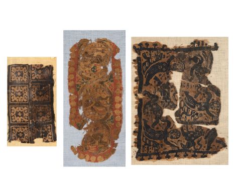  Three embroidered Coptic textile fragments Egypt, 6th century . The biggest depicting three men among lions, the medium (24 