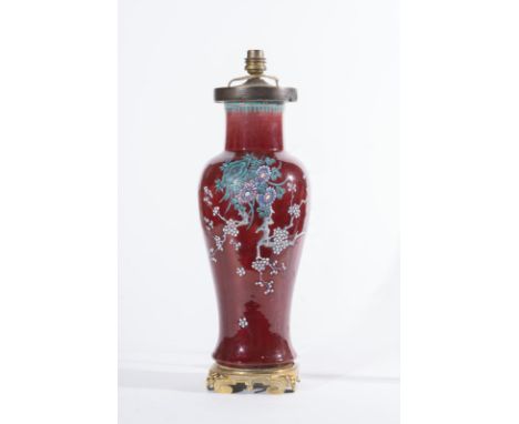 A sang de boeuf pottery vase floral painted with famille rose enamels and mounted as a lamp  China, Qing dynasty, 18th centu