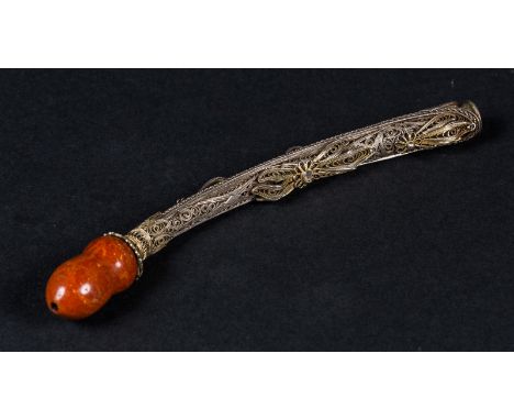  A silver filigree, small diamonds and amber pipe within its silver case incised with tughra of the Sultan Abdulmecid I (r. 1