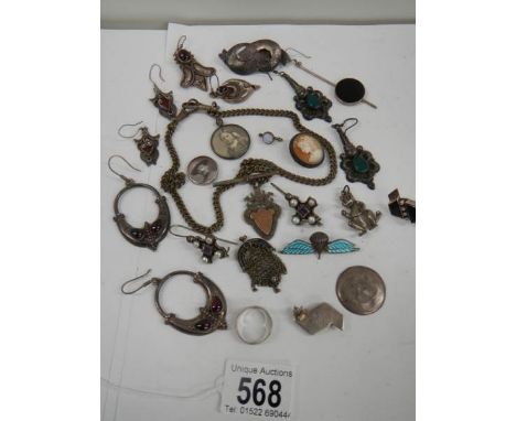 A tray of jewellery including some silver, fob, earrings etc.