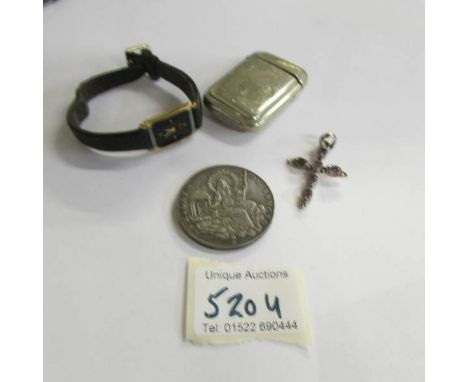 A silver and amethyst cross, a Papal medallion, silver plate vesta etc.,