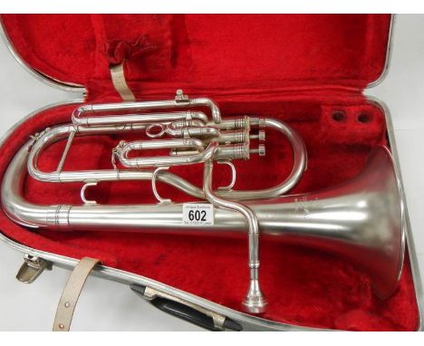 A Boosey &amp; Hawkes Imperial silver plated Baritone horn, 20" long , in good condition.