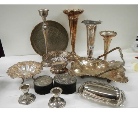 A mixed lot of interesting silver plate including spill vases.