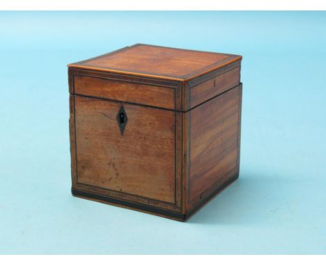 A small George III mahogany tea caddy, with tulip wood cross-banding, single canister with rosewood internal cover, 4.5in. 