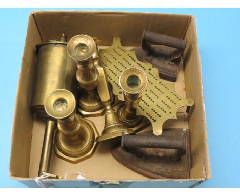 A Victorian brass spit engine, two pairs of brass candlesticks, etc. 