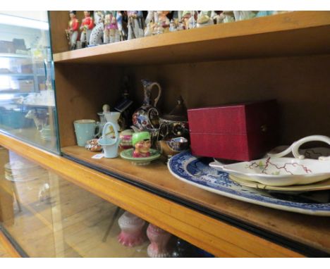 A gilded ruby glass decanter, with stopper, boxed aventurine glass cup and saucer, Gien polychrome ewer, etc.
