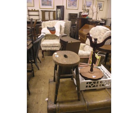 A large, leather and wood-bound cabin trunk, Bagatelle board, mahogany corner cabinet, two child's painted chairs, stool and 