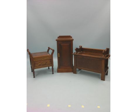 A solid, dark oak hall-stand, with hinged seat, 2ft. 6in., together with a panelled beech commode with ceramic liner and a wa