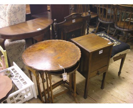 A burr walnut nest of three tables, 1ft. 8in. together with a mahogany and satinwood piano stool, half-round hall table, sewi