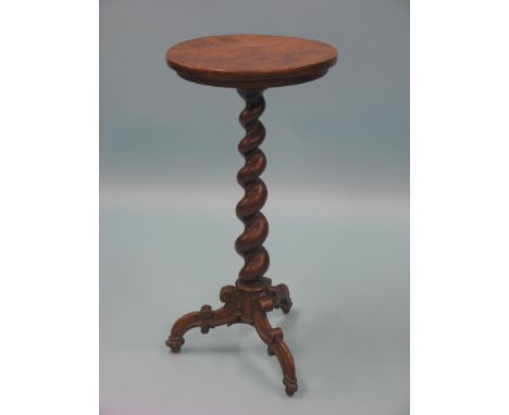 A Victorian occasional table, signed W. C. Burt, Torquay, circular burr elm top on oak barley-twist stem and tripod double-sc